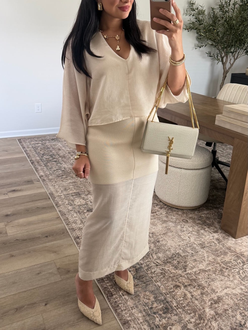 Zara NWT SET Cream V-Neck Balloon Sleeve Top & Skirt - Picture 1 of 16